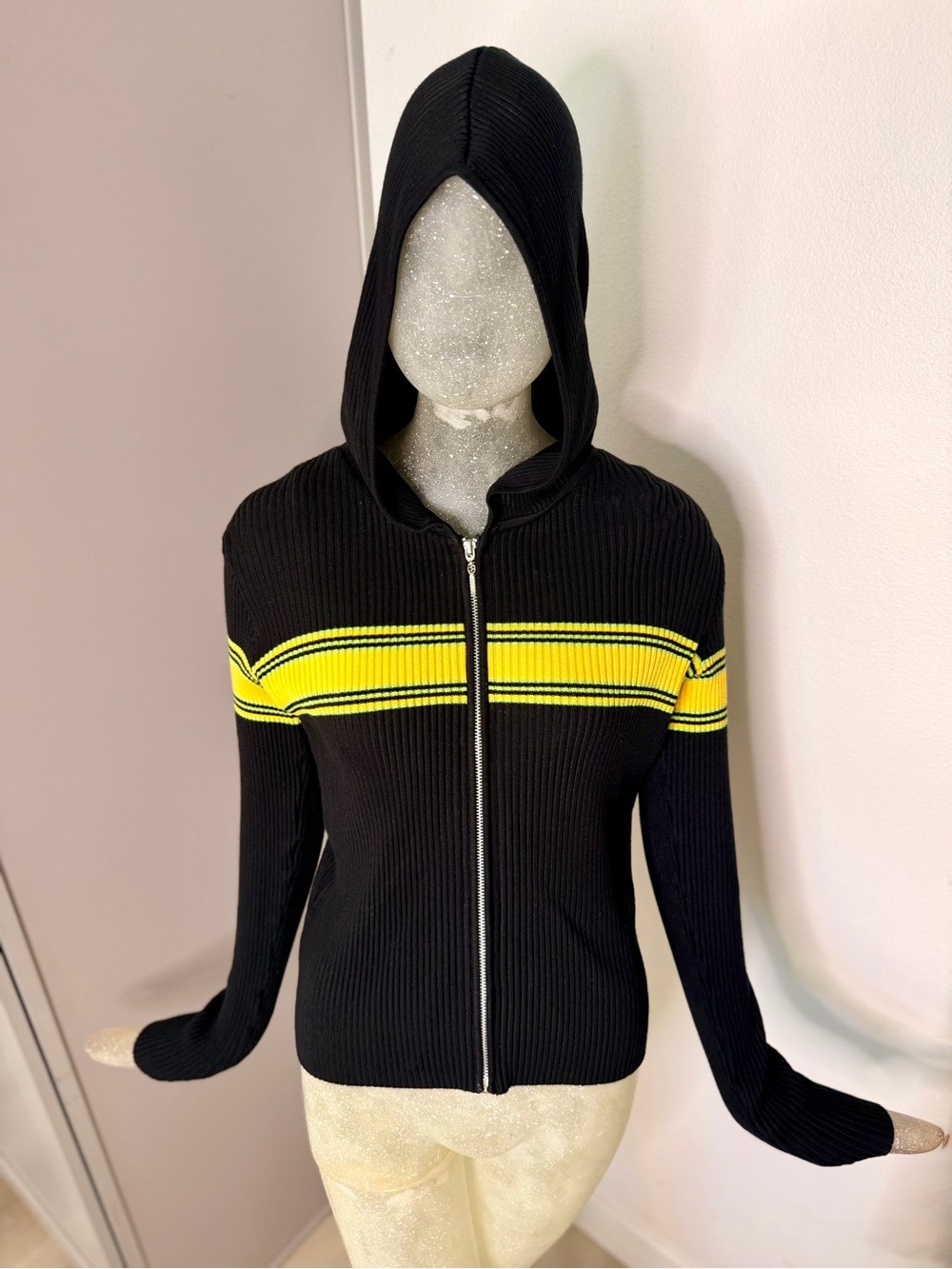 Emanuel Ungaro Liberte Black Zip Hoodie Sweater with Yellow Stripe. Size Small